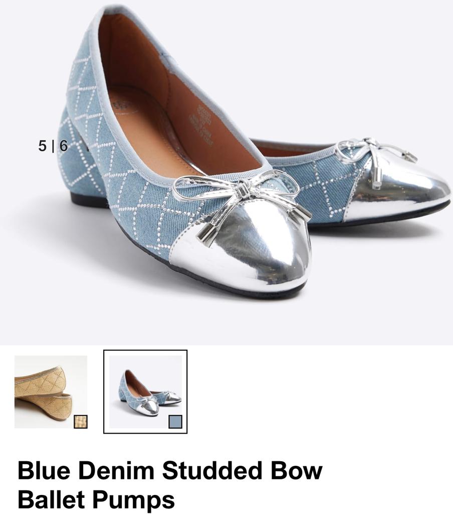 RI BLUE DENIM STUDDED BOW BALLET PUMPS SHOES