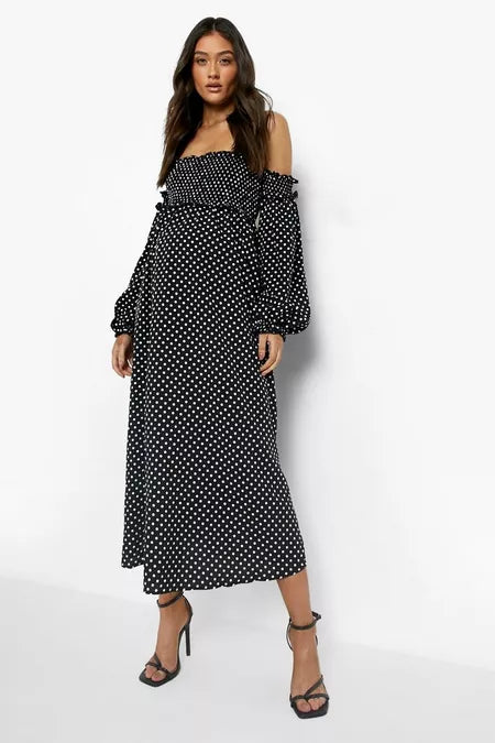BOOHOO POLKA DOT SHIRRED MIDAXI DRESS