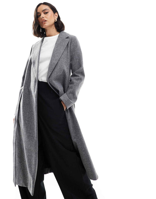 NEW LOOK HERRINGBONE UNLINED LONG BELTED COAT
