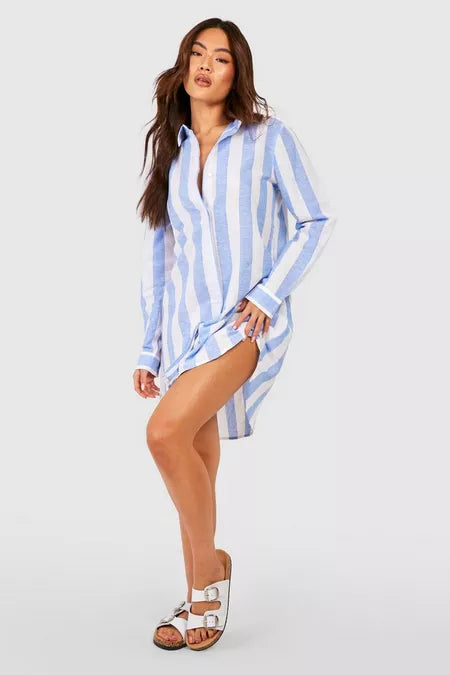BOOHOO STRIPE COTTON OVERSIZED SHIRT DRESS