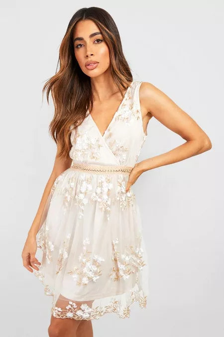 Boohoo Occasion Floral Embroidery Wrap Skater Dress