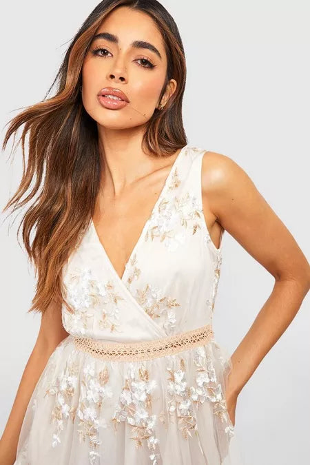 Boohoo Occasion Floral Embroidery Wrap Skater Dress