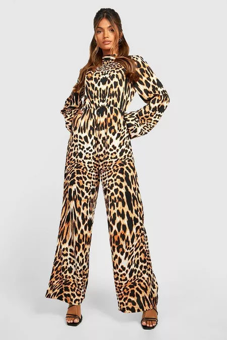 BOOHOO ANIMAL HIGH NECK WIDE LEG JUMPSUIT