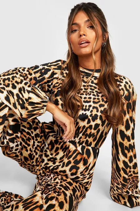BOOHOO ANIMAL HIGH NECK WIDE LEG JUMPSUIT