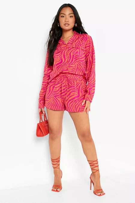 BOOHOO PETITE ZEBRA PRINT UTILITY SHIRT