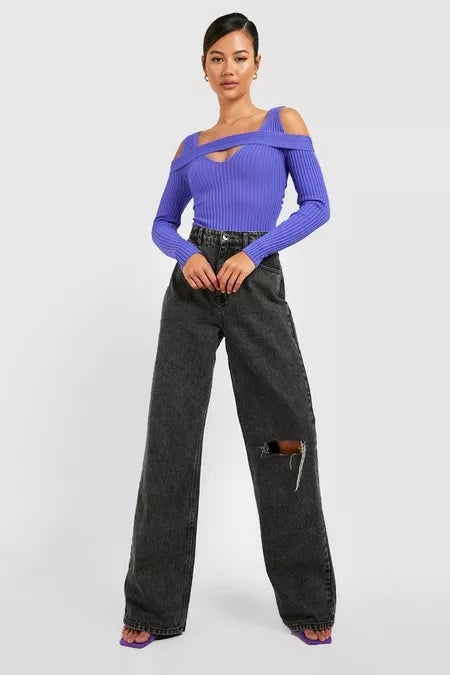 BOOHOO PETITE CUT OUT SLEEVE DETAIL RIB KNIT JUMPER