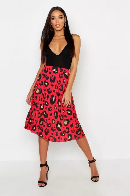 BOOHOO PLEATED LEOPARD PRINT MIDI SKIRT