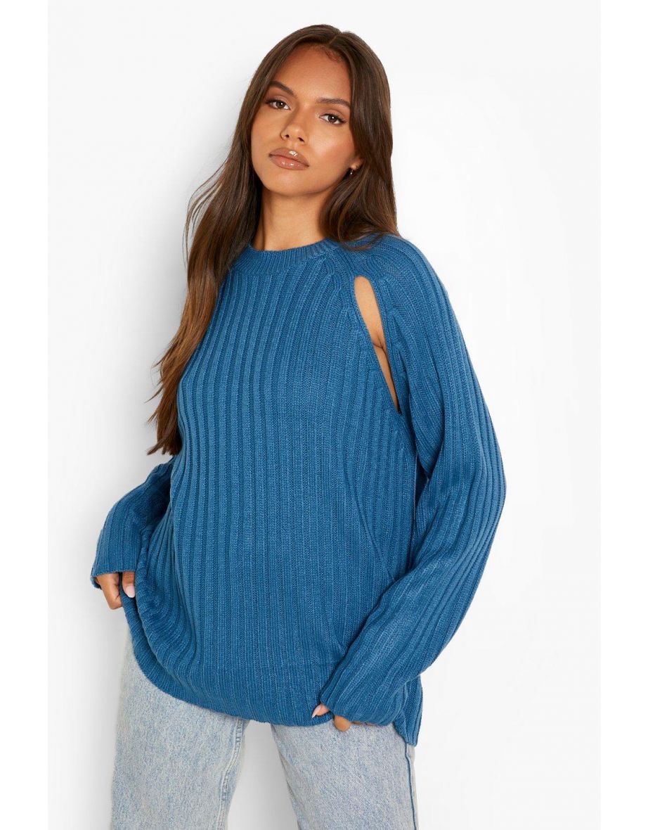 BOOHOO CUT OUT SLEEVE DETAIL RIB KNIT JUMPER