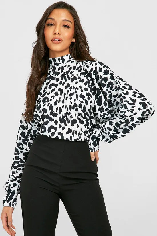 BOOHOO ANIMAL PRINT HIGH NECK BLOUSE