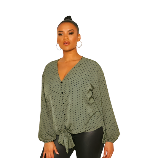 Boohoo Plus Diamond Print Tie Front Blouse