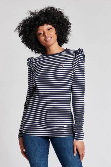 US POLO STRIPED RUFFLE LONG SLEEVE TOP