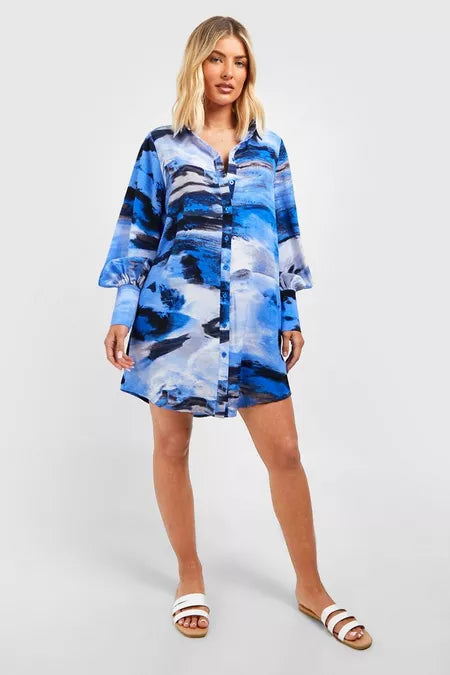 BOOHOO PRINT OVERSIZED SHIRT DRESS