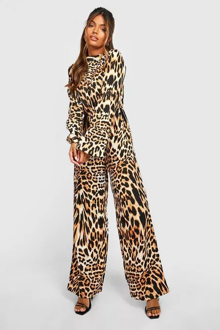 BOOHOO ANIMAL HIGH NECK WIDE LEG JUMPSUIT