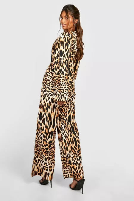 BOOHOO ANIMAL HIGH NECK WIDE LEG JUMPSUIT