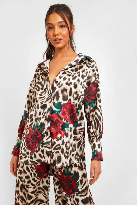 BOOHOO PLUS OS SATIN LEOPARD BLOUSE
