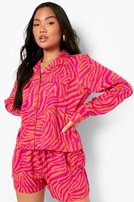 BOOHOO PETITE ZEBRA PRINT UTILITY SHIRT