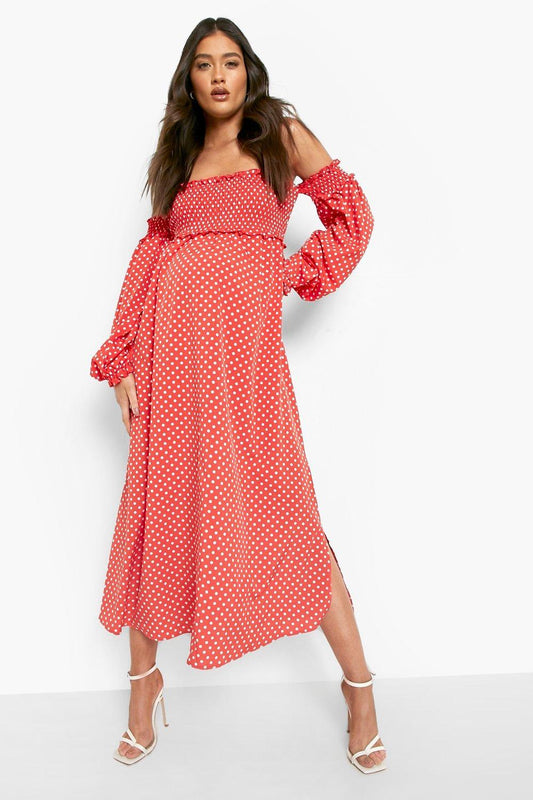 BOOHOO POLKA DOT SHIRRED MIDAXI DRESS