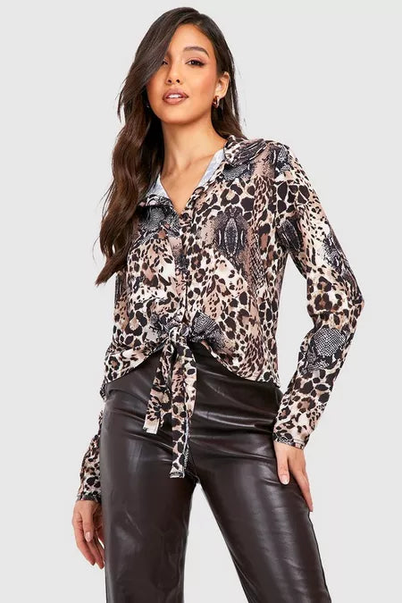 Boohoo Mixed Tie Waist Woven Blouse