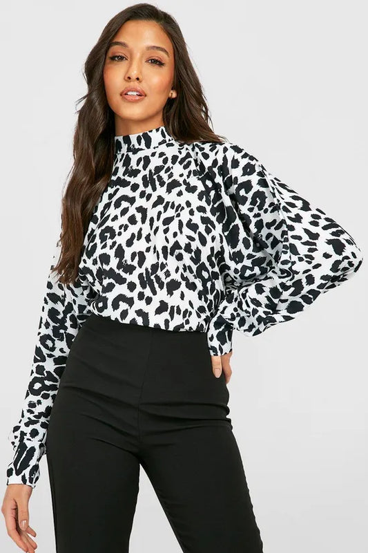 BOOHOO ANIMAL PRINT HIGH NECK BLOUSE