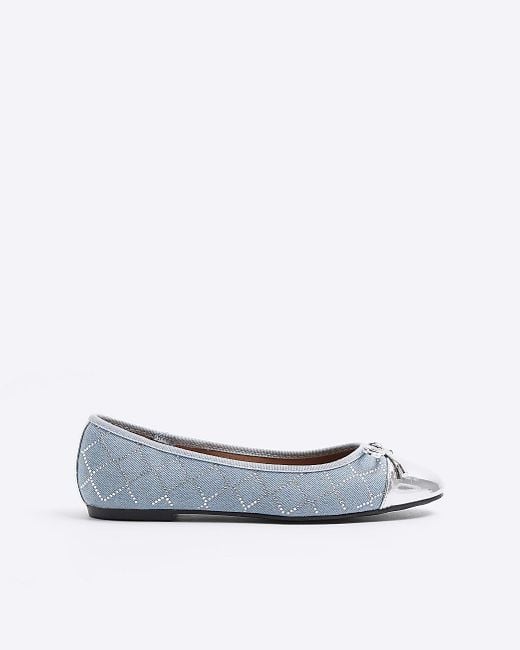 RI BLUE DENIM STUDDED BOW BALLET PUMPS SHOES