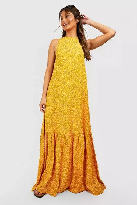 BOOHOO HIGH NECK TIERED HEM DITSY MAXI DRESS
