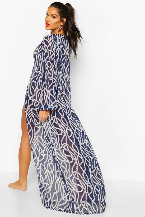 BOOHOO NAUTICAL ROPE PRINT MAXI BEACH KIMONO